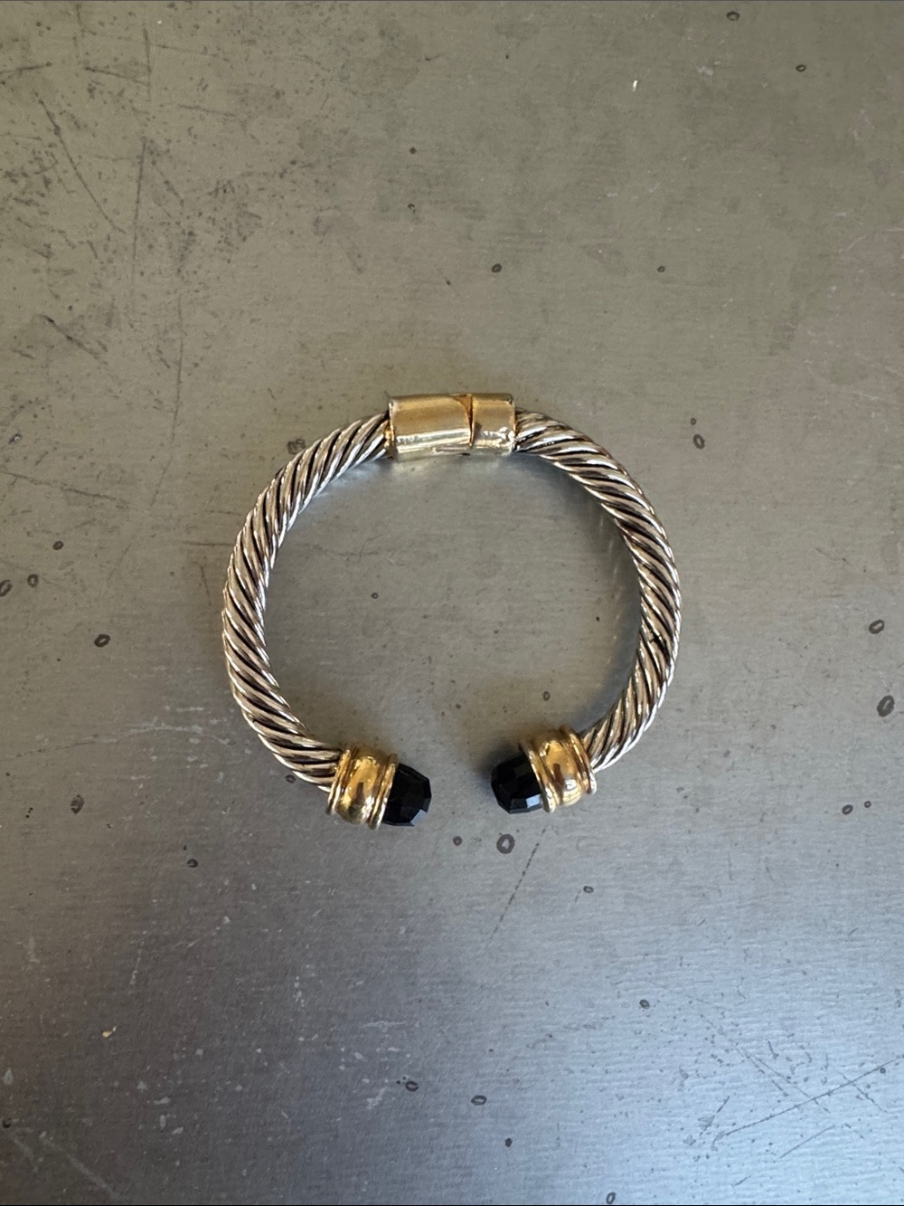 Two-Tone Twisted Cable Cuff Bracelet with Black Stone Ends